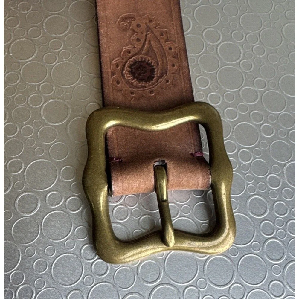 Lucky Brand Vintage Paisley Tooled Belt S Brown Leather Boho Western Cowgirl